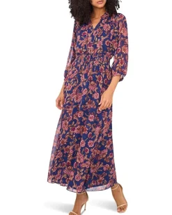 3/4 Puff Sleeve Tie Neck Maxi Dress