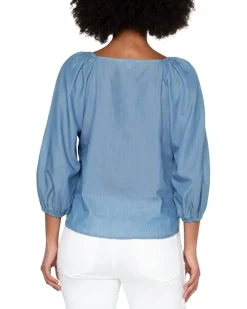 3/4 Pull Sleeve Square Neck Woven Top with Trim