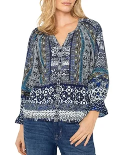 3/4 Sleeve Button Front Woven Blouse