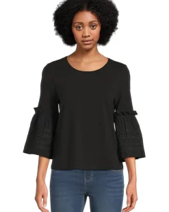 3/4 Sleeve Embroidered Knit to Woven Top