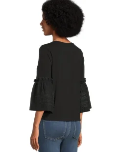 3/4 Sleeve Embroidered Knit to Woven Top