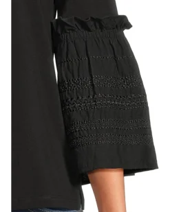 3/4 Sleeve Embroidered Knit to Woven Top