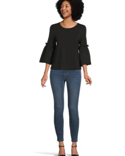 3/4 Sleeve Embroidered Knit to Woven Top