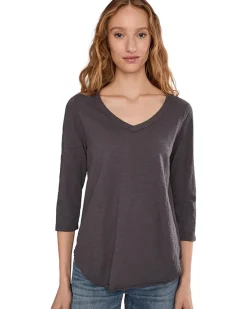 3/4 Sleeve V-Neck Tee with Curved Hem