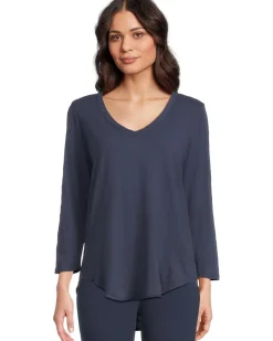 3/4 Sleeve V-Neck Tee with Curved Hem