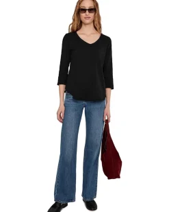 3/4 Sleeve V-Neck Tee with Curved Hem