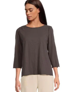 3/4 Sleeve Waffle Mix Media Open Crew Neck Tee