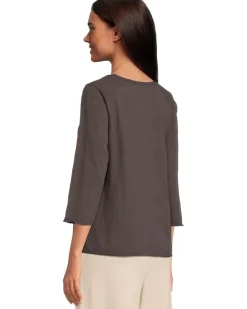 3/4 Sleeve Waffle Mix Media Open Crew Neck Tee