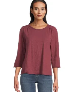 3/4 Sleeve Waffle Mix Media Open Crew Neck Tee