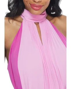 All Over Pleat Dress with Waisted Tie and High Neck