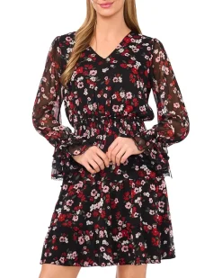 Balloon Sleeve V-Neck Smocked Waist Dress