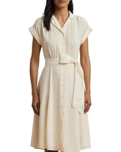 Belted Crepe Pintucked Shirtdress