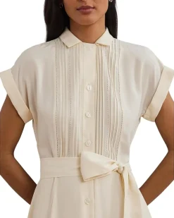 Belted Crepe Pintucked Shirtdress