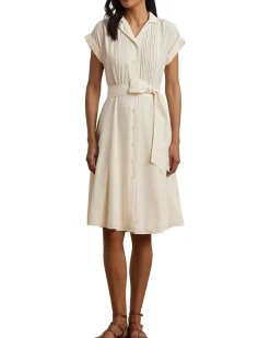 Belted Crepe Pintucked Shirtdress