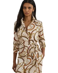 Belting-Print Twill Shirtdress