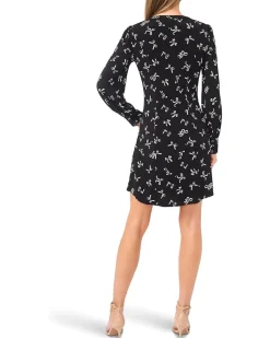Bow Print Button Front Shirred Knit Dress