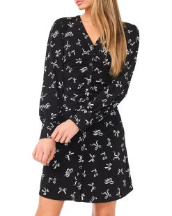 Bow Print Button Front Shirred Knit Dress