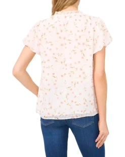 Bubble Sleeve Split Neck Blouse With Tie