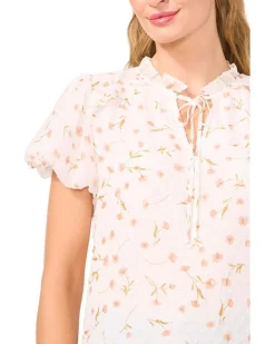 Bubble Sleeve Split Neck Blouse With Tie