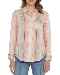 Button Front Shirt with 3/4 Sleeve Ombre Woven Stripe