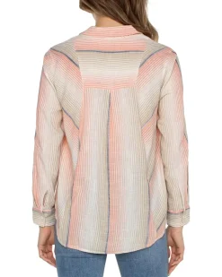 Button Front Shirt with 3/4 Sleeve Ombre Woven Stripe