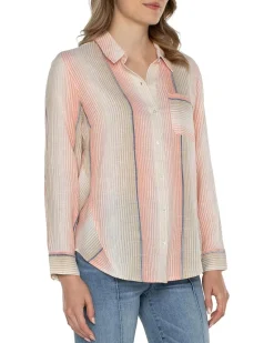 Button Front Shirt with 3/4 Sleeve Ombre Woven Stripe