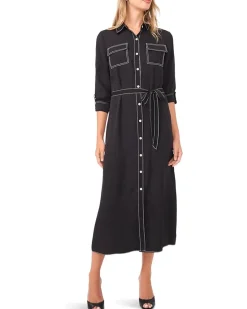 Button-Up Shirt Dress with Contrast Stitching