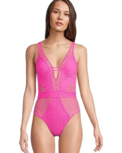 Castaway Fishnet Texture Plunge One Piece