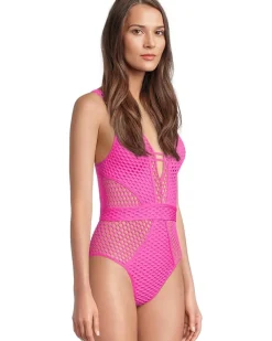 Castaway Fishnet Texture Plunge One Piece