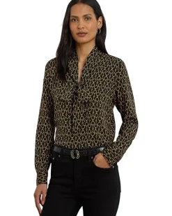 Chain-Print Crepe Tie Neck Blouse