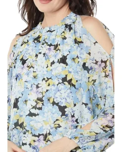 Cold-Shoulder Long Sleeve Blouse w/ Neck