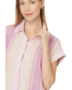 Collared Camp Shirt with Hi-Low Hem and Fray Hem