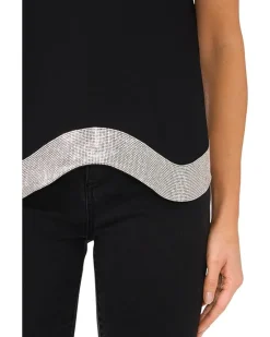 Crew Neck Top with Rhinstone Wavy Hem