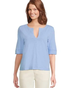 Cuffed Sleeve Split Neck