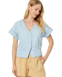 Denim Pleated Short-Sleeve Top in Doral Wash