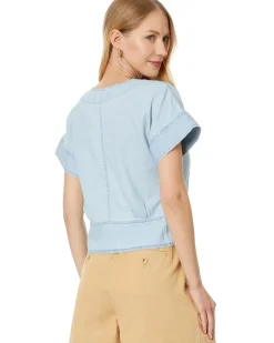 Denim Pleated Short-Sleeve Top in Doral Wash