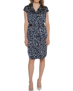 Dolman Sleeve Button Front Dress Stretch Satin