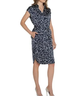 Dolman Sleeve Button Front Dress Stretch Satin