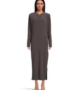 Dolman V-Neck Side Slit Gown With Shoulder Pads