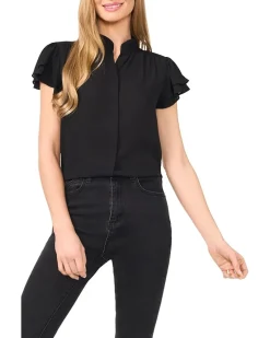 Double Flutter Short Sleeves Hidden Placket Blouse