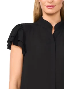 Double Flutter Short Sleeves Hidden Placket Blouse