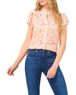 Double Flutter Short Sleeves Hidden Placket Blouse