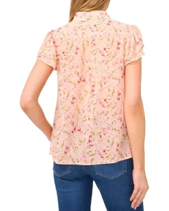 Double Flutter Short Sleeves Hidden Placket Blouse