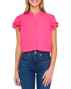 Double Flutter Short Sleeves Hidden Placket Blouse