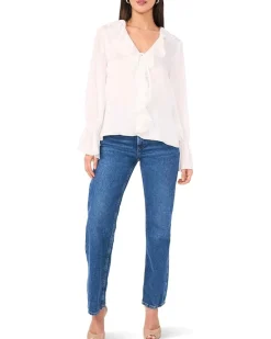 Double Ruffle Front V-Neck Blouse With Ruffle Cuffs