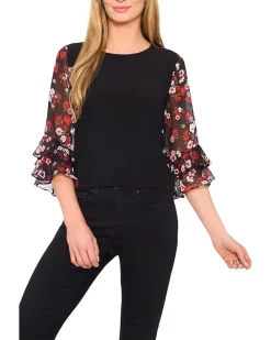 Double Ruffle Mixed Media Knit Top