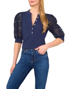 Elbow Puff Sleeve Henley Mixed Media Tee