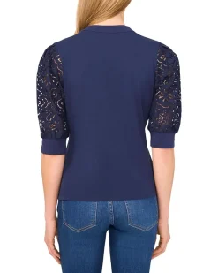 Elbow Puff Sleeve Henley Mixed Media Tee