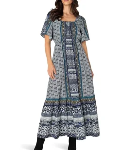 Elbow Sleeve Square Neck Woven Maxi Dress With Pockets