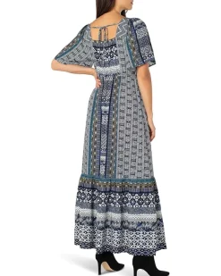 Elbow Sleeve Square Neck Woven Maxi Dress With Pockets